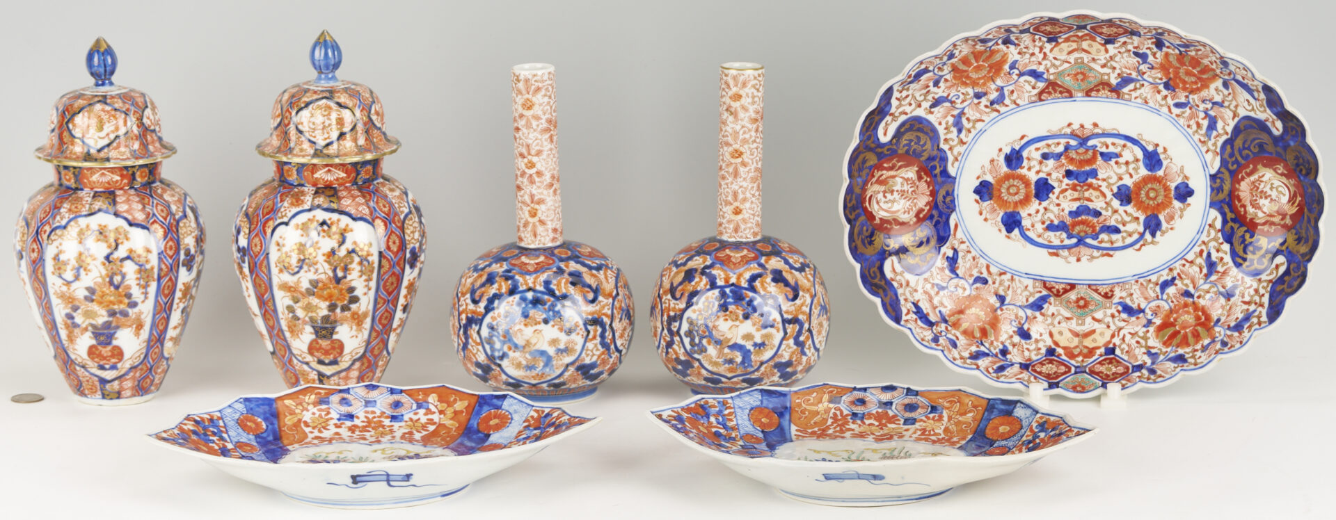 Lot 18: 7 Pcs. Japanese Imari, incl. Bottles, Fan Dishes