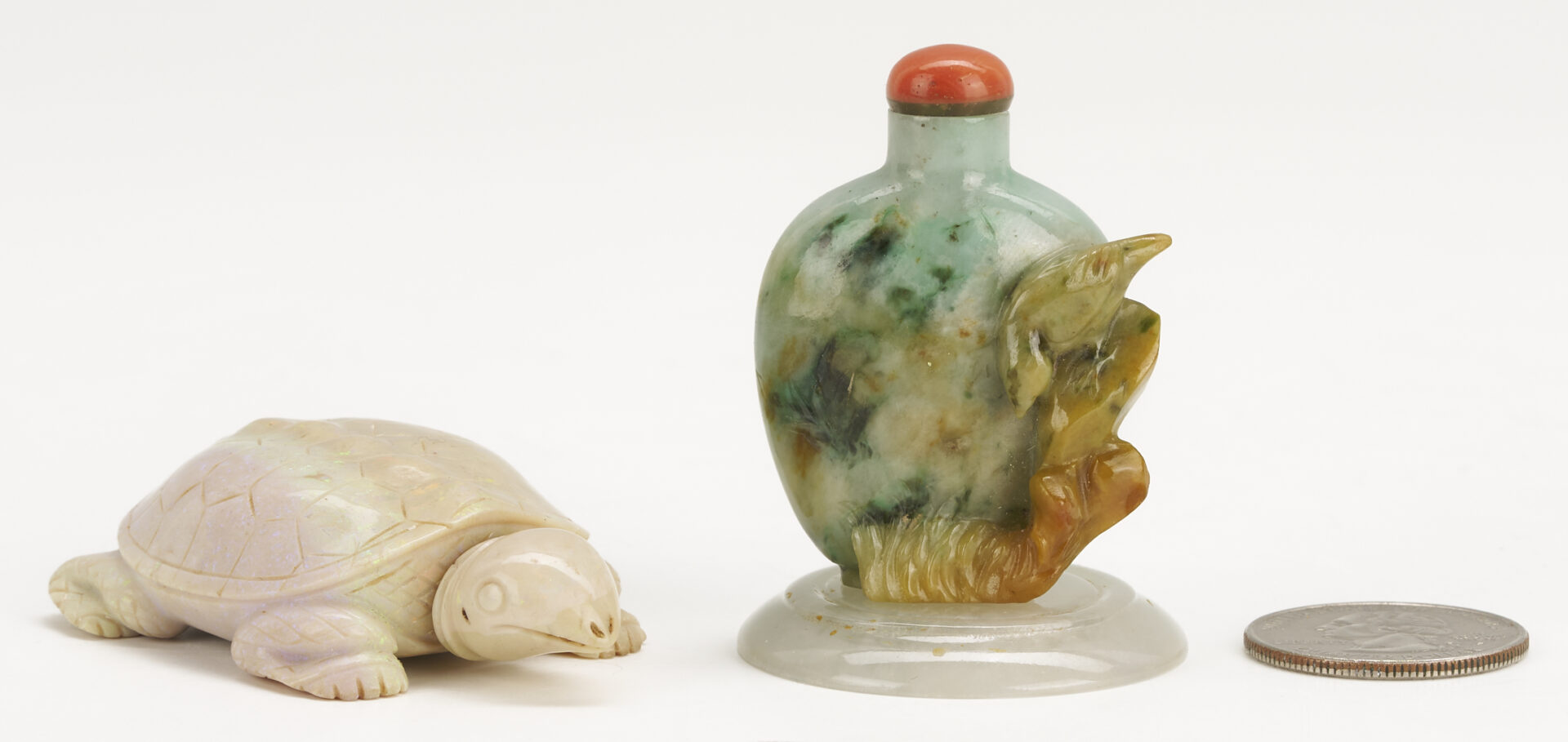 Lot 1: 2 Snuff Bottles: Opal Turtle Form and Jade