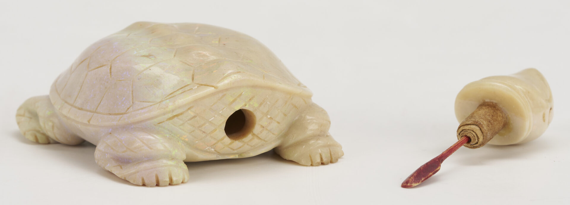 Lot 1: 2 Snuff Bottles: Opal Turtle Form and Jade