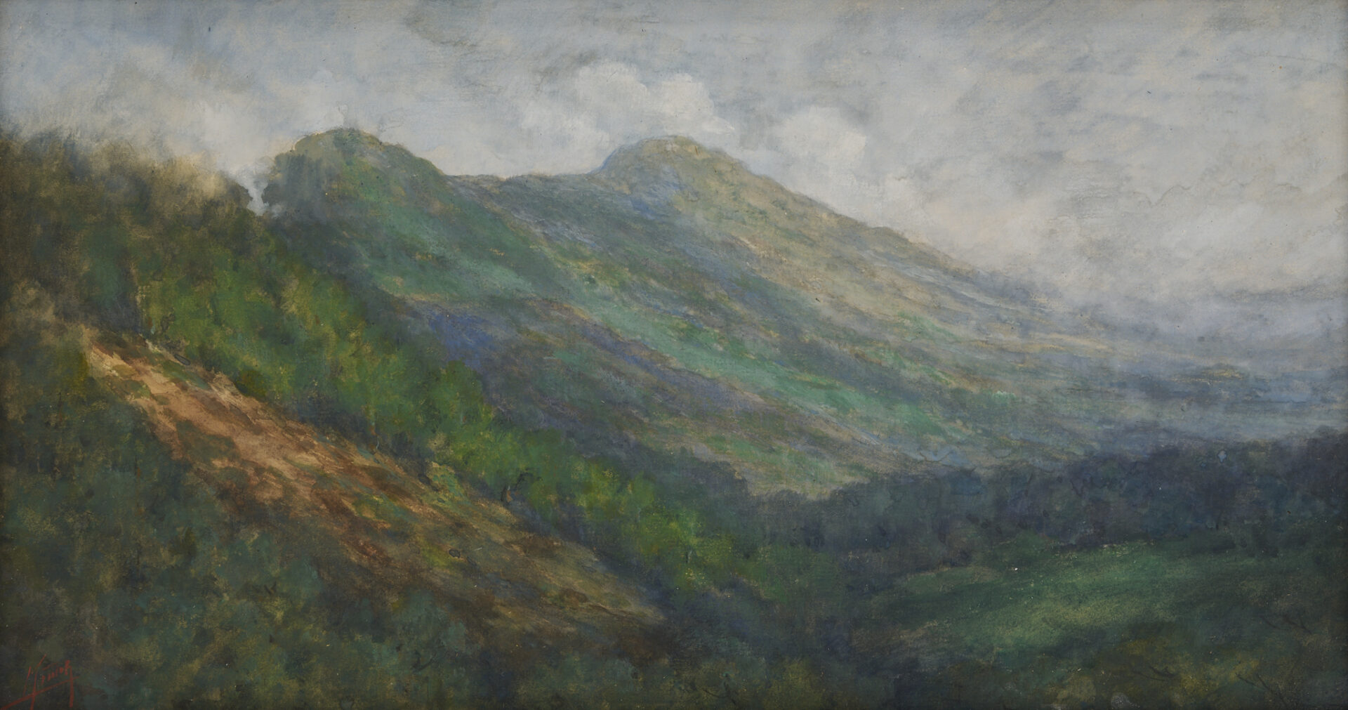 Lot 201: Charles Krutch Panoramic Smoky Mountain W/C Landscape Painting
