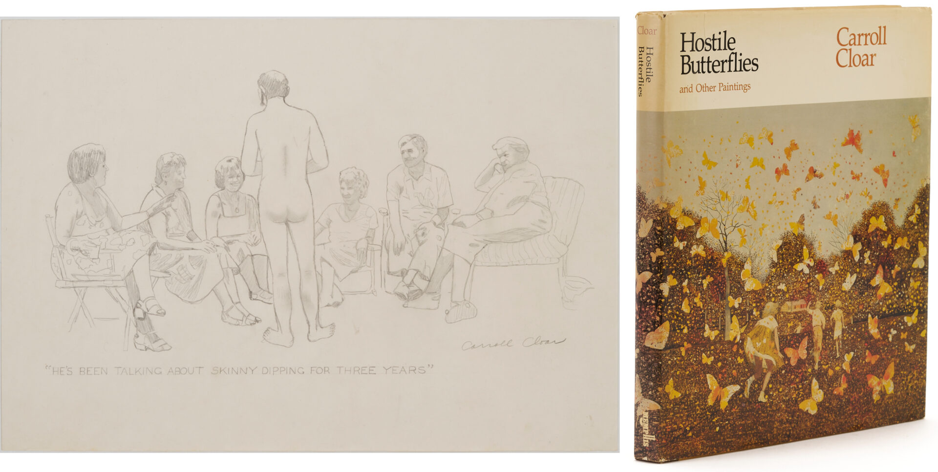 Lot 206: Carrol Cloar Drawing, Skinny Dipping, Plus Signed Hostile Butterflies Book