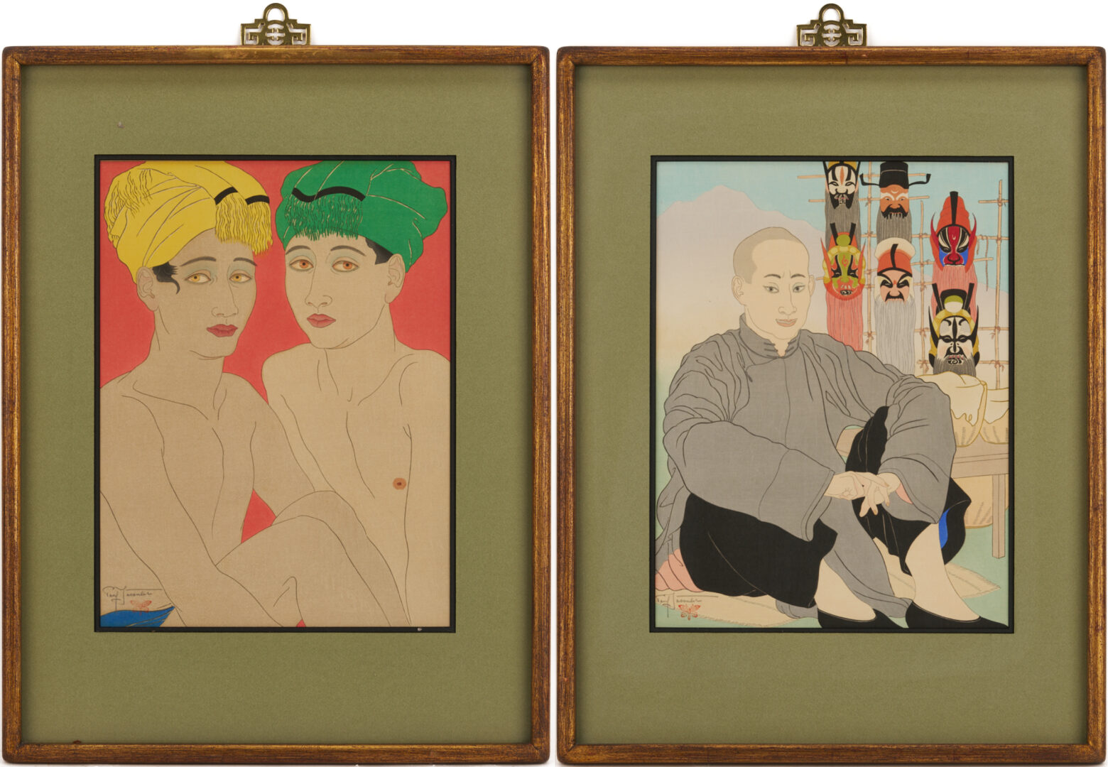Lot 21: 2 Paul Jacoulet Woodblock Prints, Enfants Des Yeus Jaunes & Vendeur De Masques Chinois