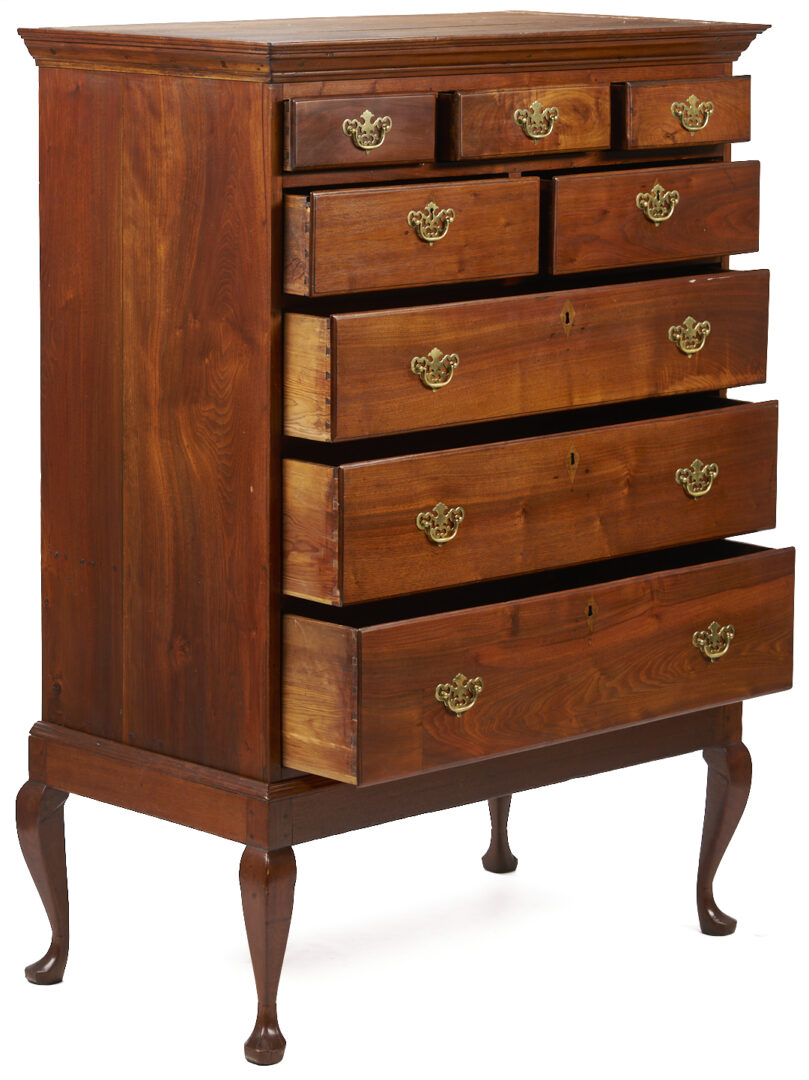 Lot 221: Southern Walnut High Chest on Frame w/ Cabriole Legs, poss. VA