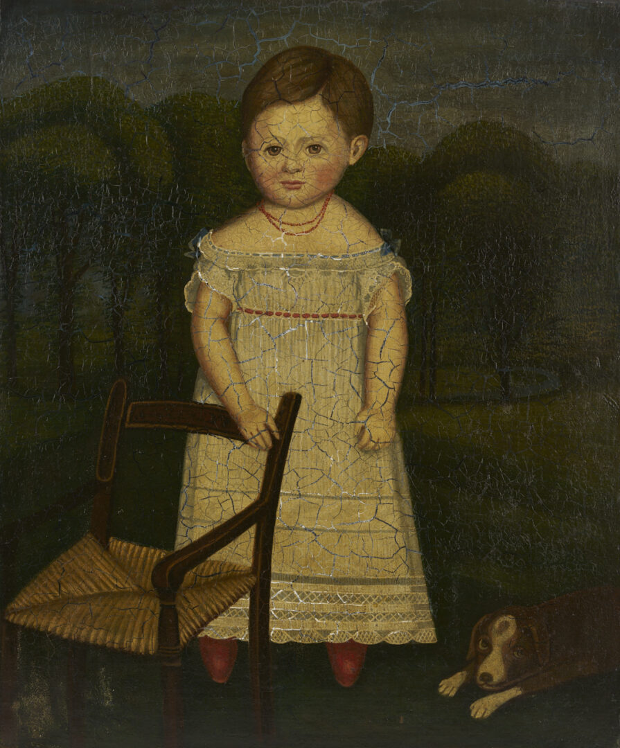 Lot 225: American 19th c. Folk Art Oil Painting, Girl & Dog in a Landscape