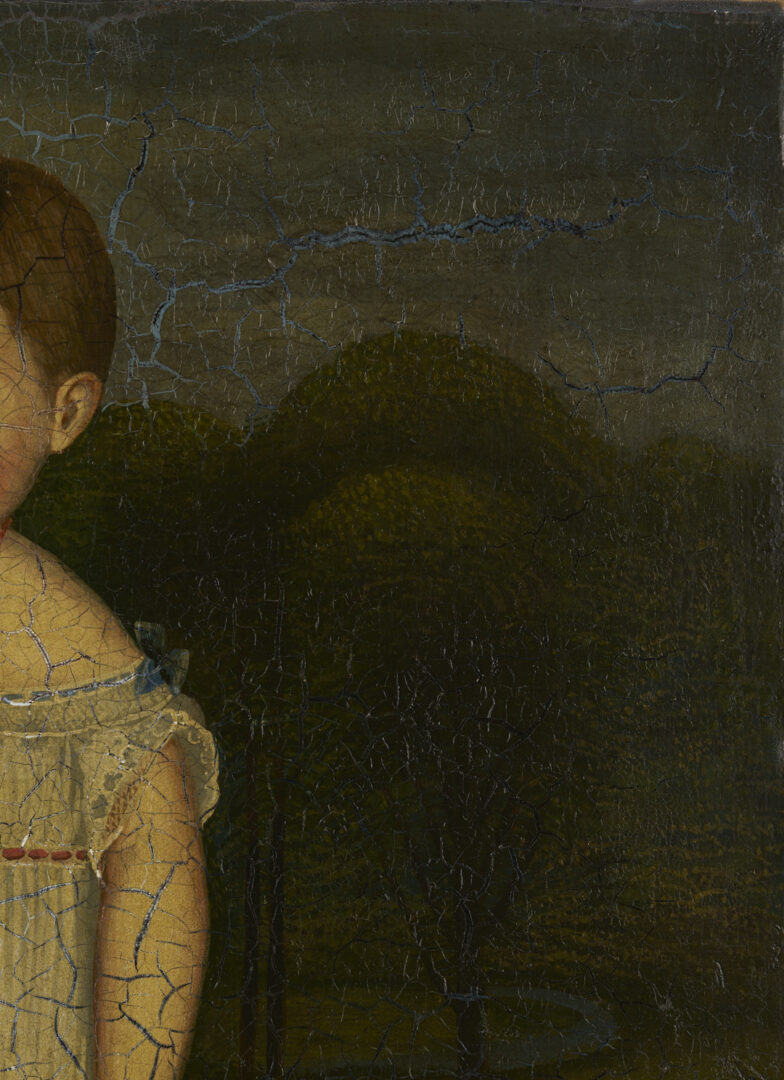 Lot 225: American 19th c. Folk Art Oil Painting, Girl & Dog in a Landscape