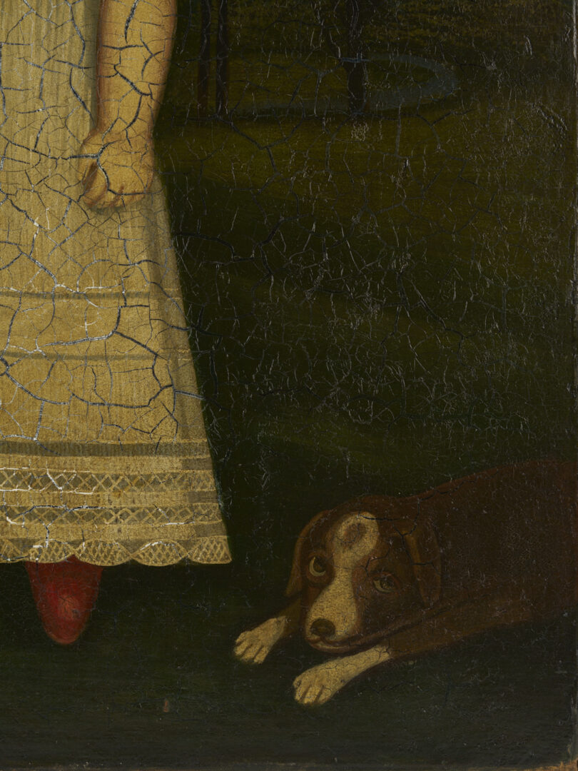 Lot 225: American 19th c. Folk Art Oil Painting, Girl & Dog in a Landscape