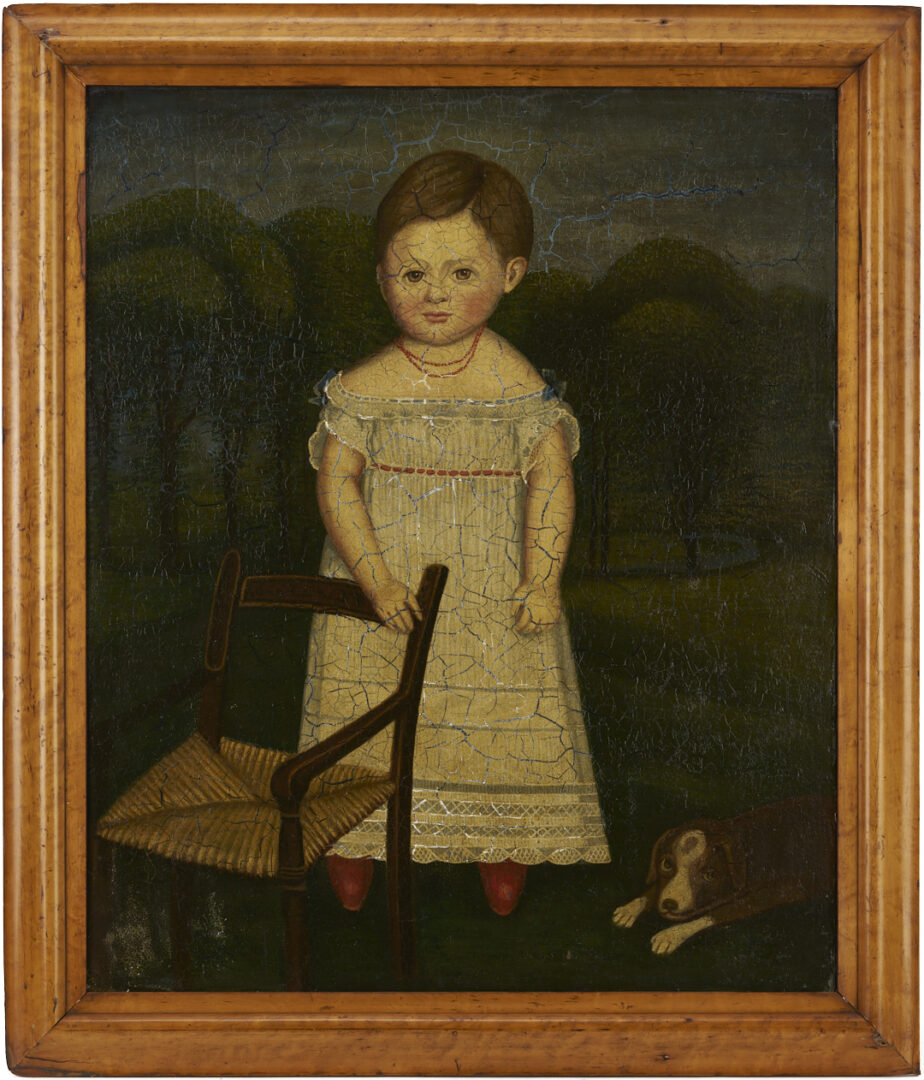 Lot 225: American 19th c. Folk Art Oil Painting, Girl & Dog in a Landscape