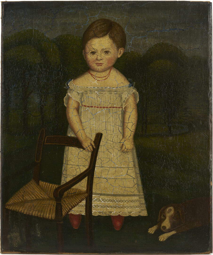 Lot 225: American 19th c. Folk Art Oil Painting, Girl & Dog in a Landscape