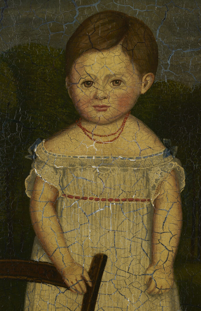 Lot 225: American 19th c. Folk Art Oil Painting, Girl & Dog in a Landscape