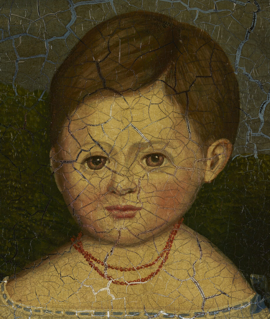 Lot 225: American 19th c. Folk Art Oil Painting, Girl & Dog in a Landscape
