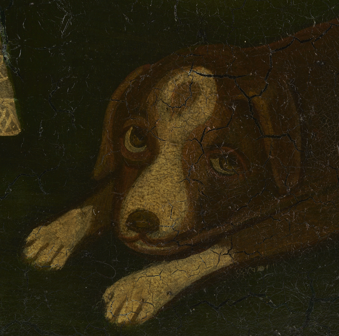 Lot 225: American 19th c. Folk Art Oil Painting, Girl & Dog in a Landscape