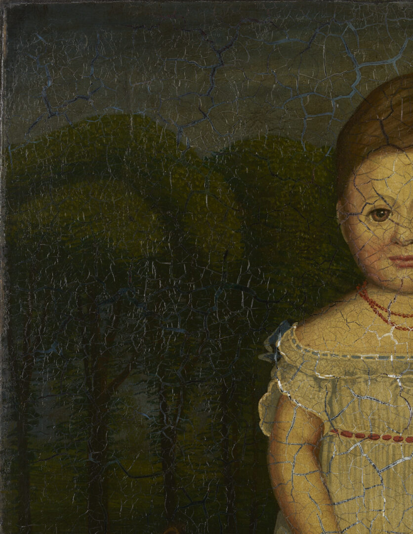 Lot 225: American 19th c. Folk Art Oil Painting, Girl & Dog in a Landscape
