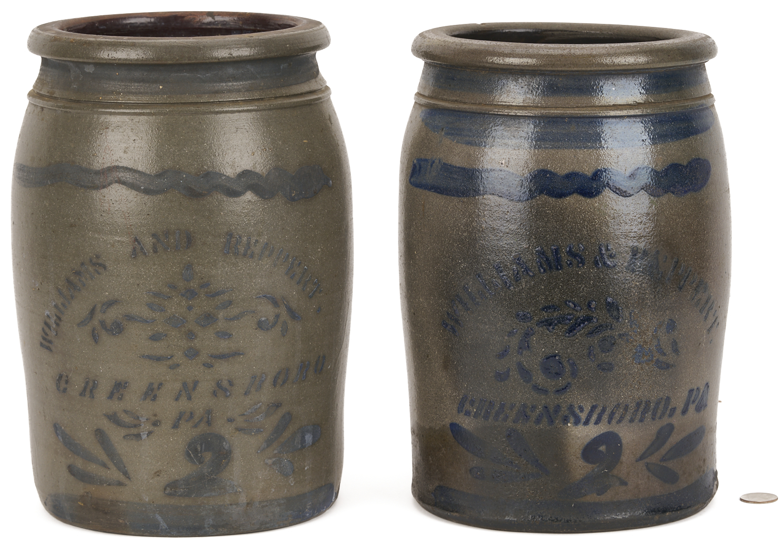 Lot 238: 2 PA Cobalt Decorated Stoneware Jars, Williams & Reppert