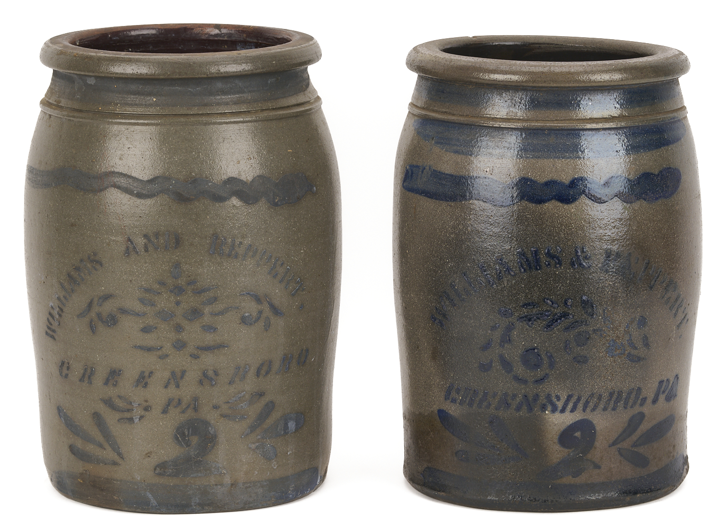Lot 238: 2 PA Cobalt Decorated Stoneware Jars, Williams & Reppert