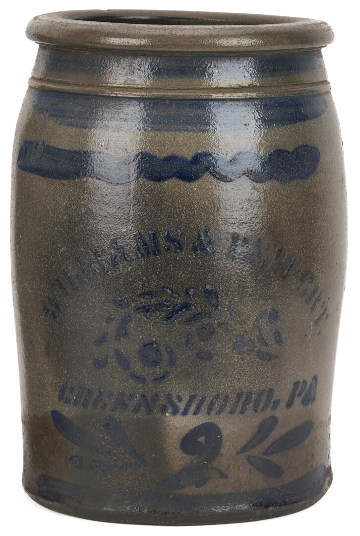 Lot 238: 2 PA Cobalt Decorated Stoneware Jars, Williams & Reppert