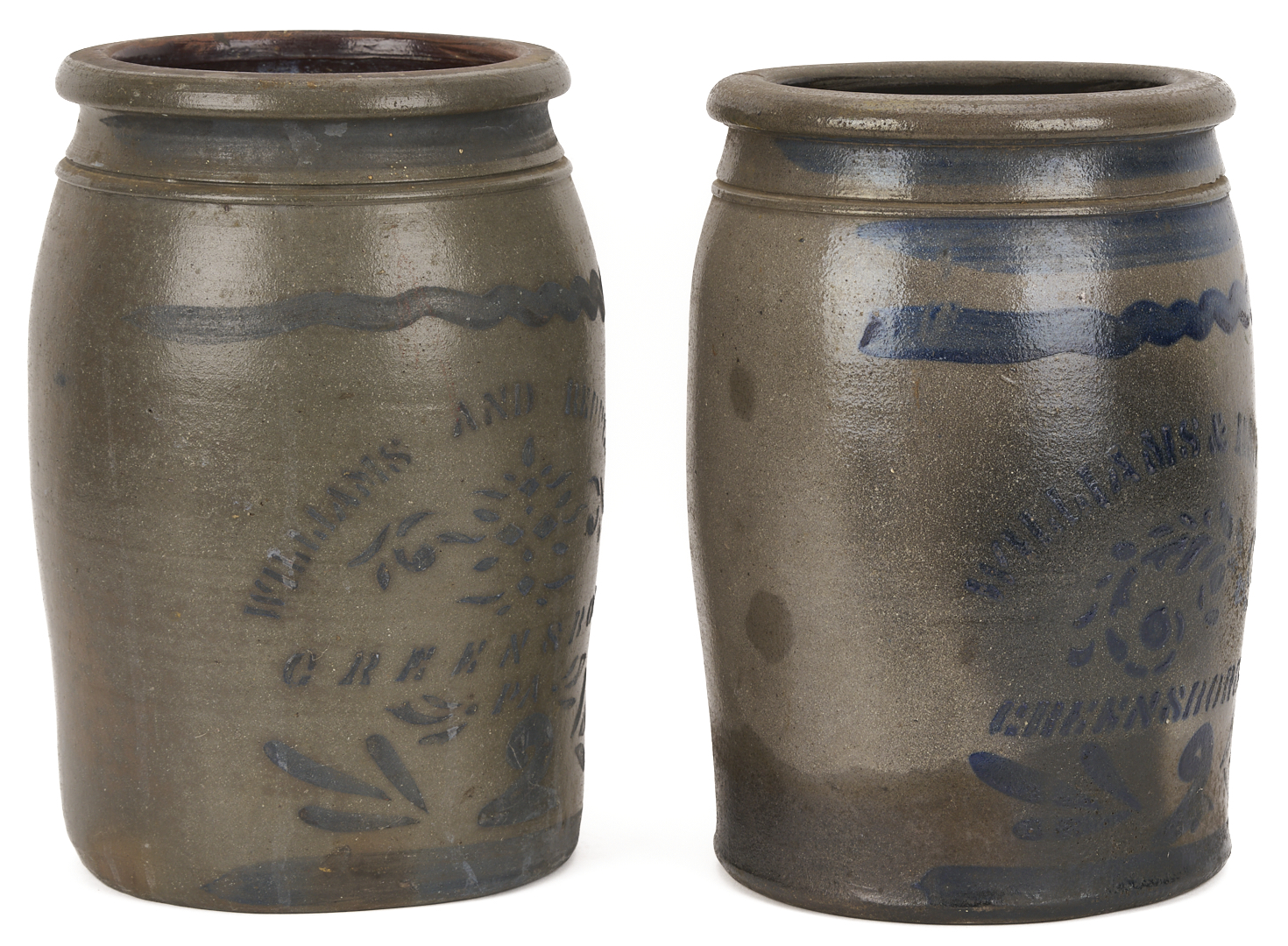 Lot 238: 2 PA Cobalt Decorated Stoneware Jars, Williams & Reppert
