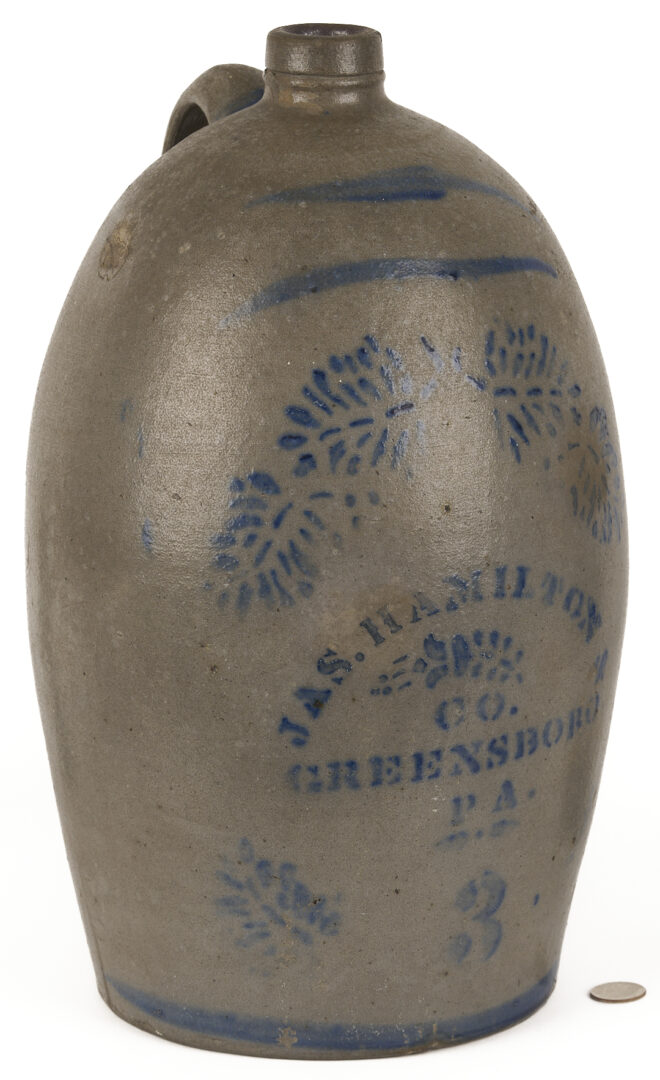 Lot 240: Jas. Hamilton Greensboro PA Jug, 3 Gallon Ovoid Form