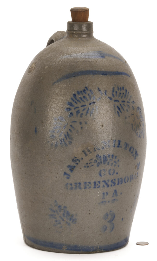 Lot 240: Jas. Hamilton Greensboro PA Jug, 3 Gallon Ovoid Form