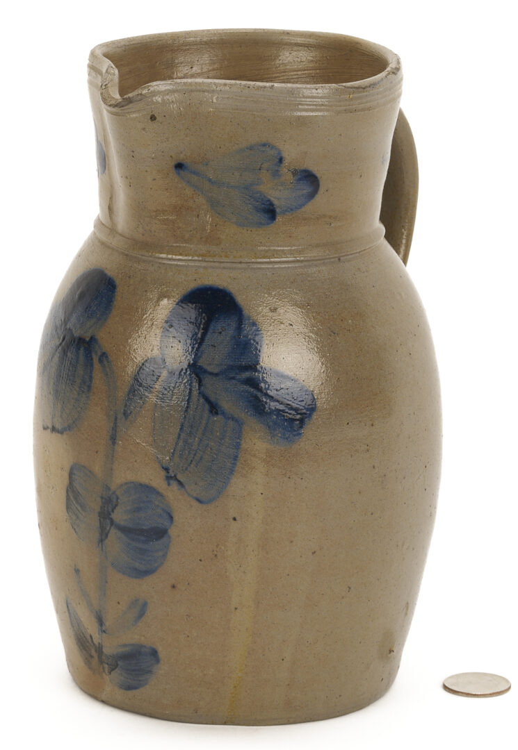 Lot 242: Cobalt Decorated Stoneware Pitcher, attrib. Peter Herrmann, Baltimore