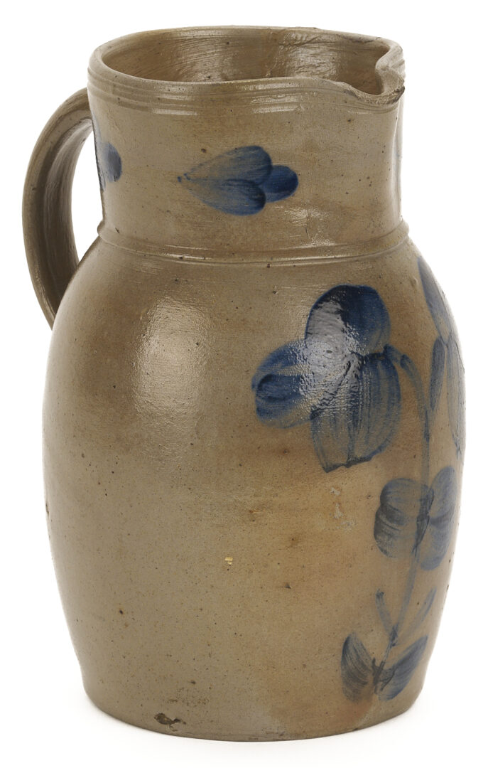 Lot 242: Cobalt Decorated Stoneware Pitcher, attrib. Peter Herrmann, Baltimore
