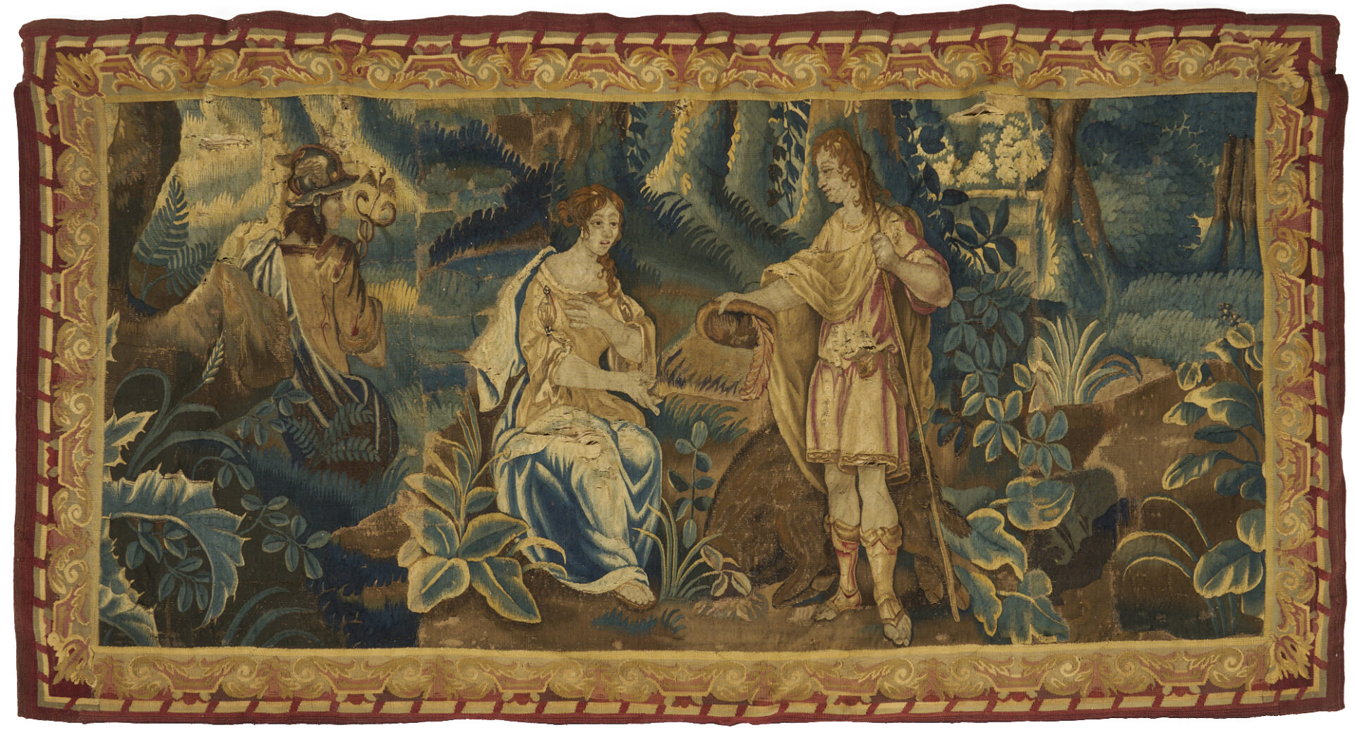 Lot 248: Continental Mercury or Hermes Tapestry w/ Boar Hunter, 18th C.