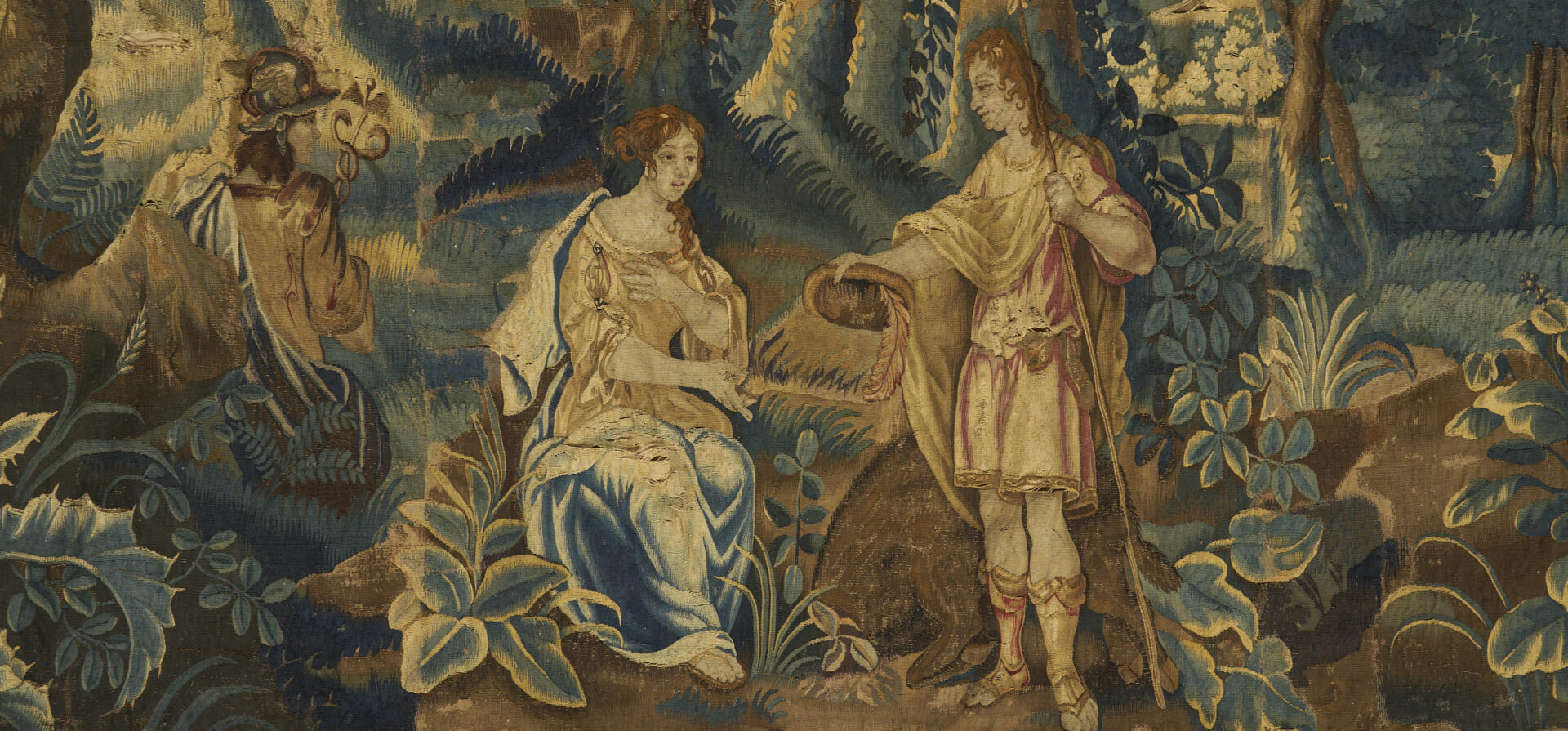 Lot 248: Continental Mercury or Hermes Tapestry w/ Boar Hunter, 18th C.