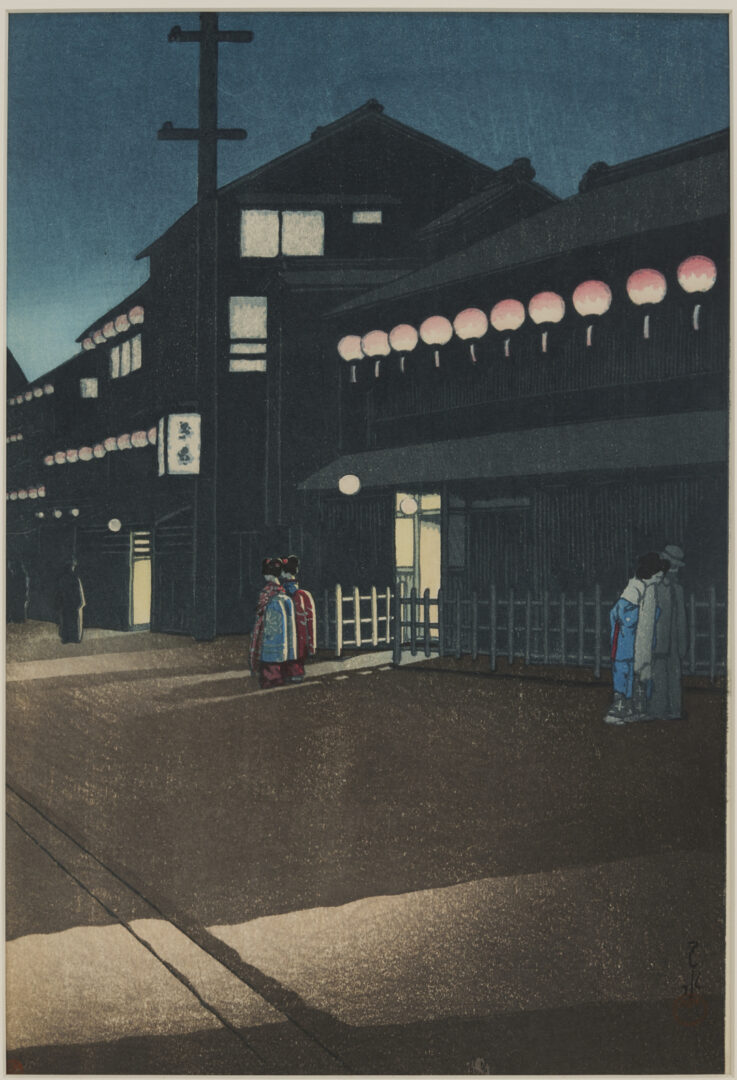 Lot 24: Hasui Japanese Woodblock Print: Evening at Soemon-cho in Osaka