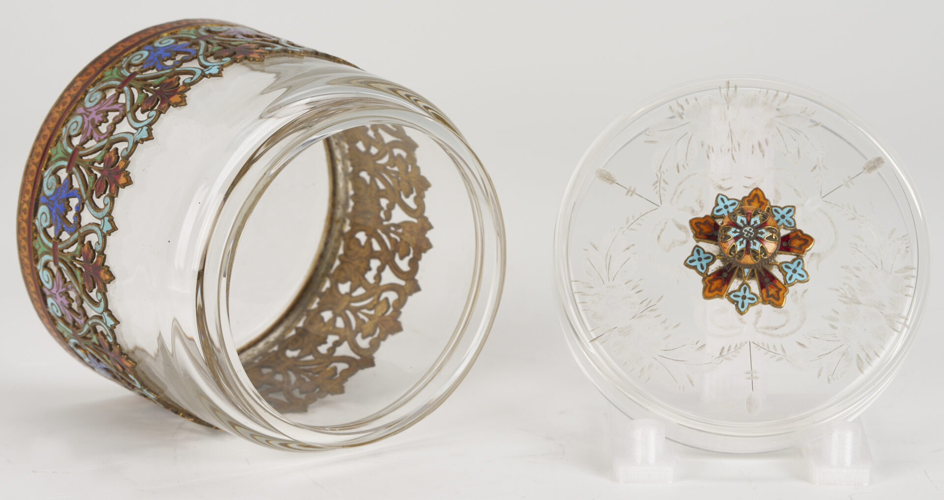 Lot 270: Cloisonne & Onyx Cross Plus Enameled Glass Jar