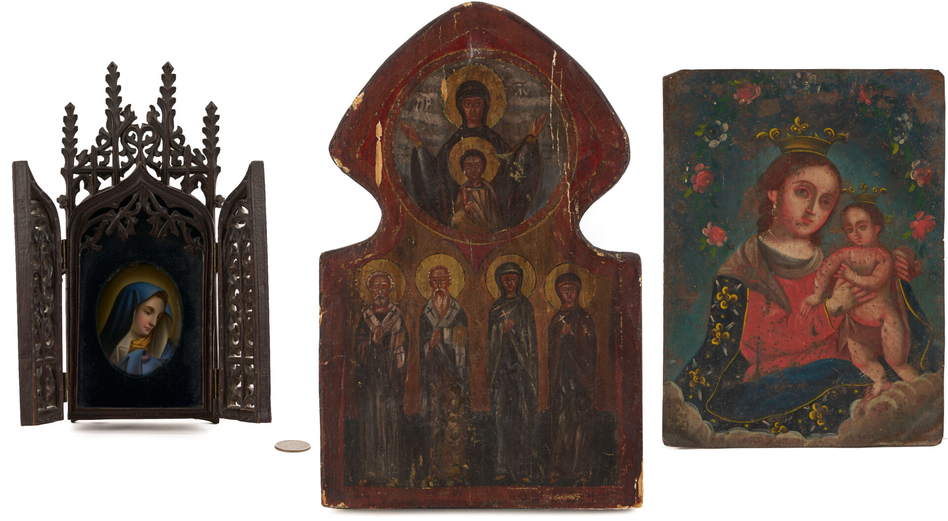 Lot 271: 3 Religious Art Items: Icon, Miniature & Retablo