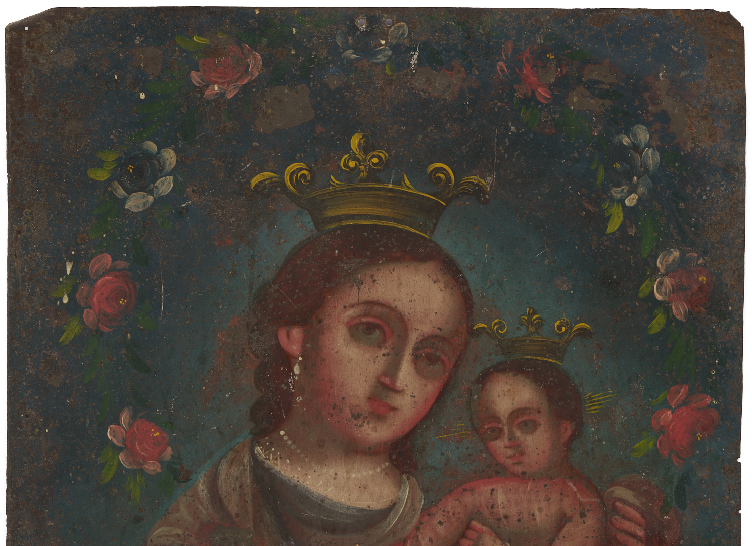 Lot 271: 3 Religious Art Items: Icon, Miniature & Retablo
