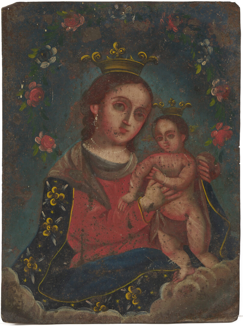 Lot 271: 3 Religious Art Items: Icon, Miniature & Retablo