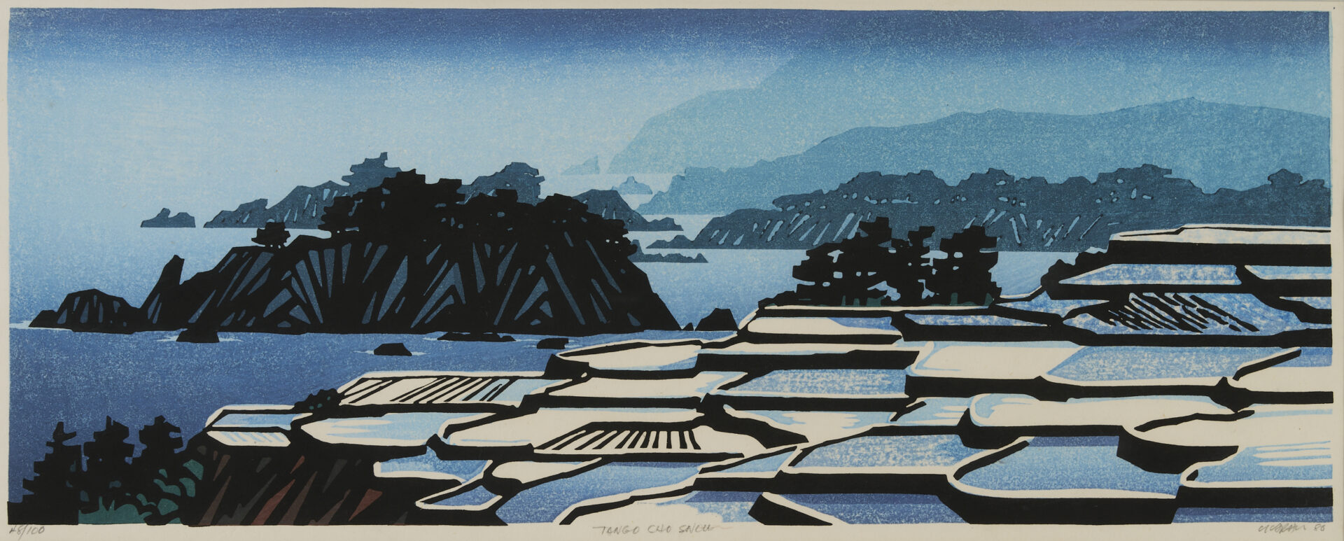 Lot 27: Clifton Karhu Woodblock Print, Tango Cho Snow (Sodeshi Rice Terraces)