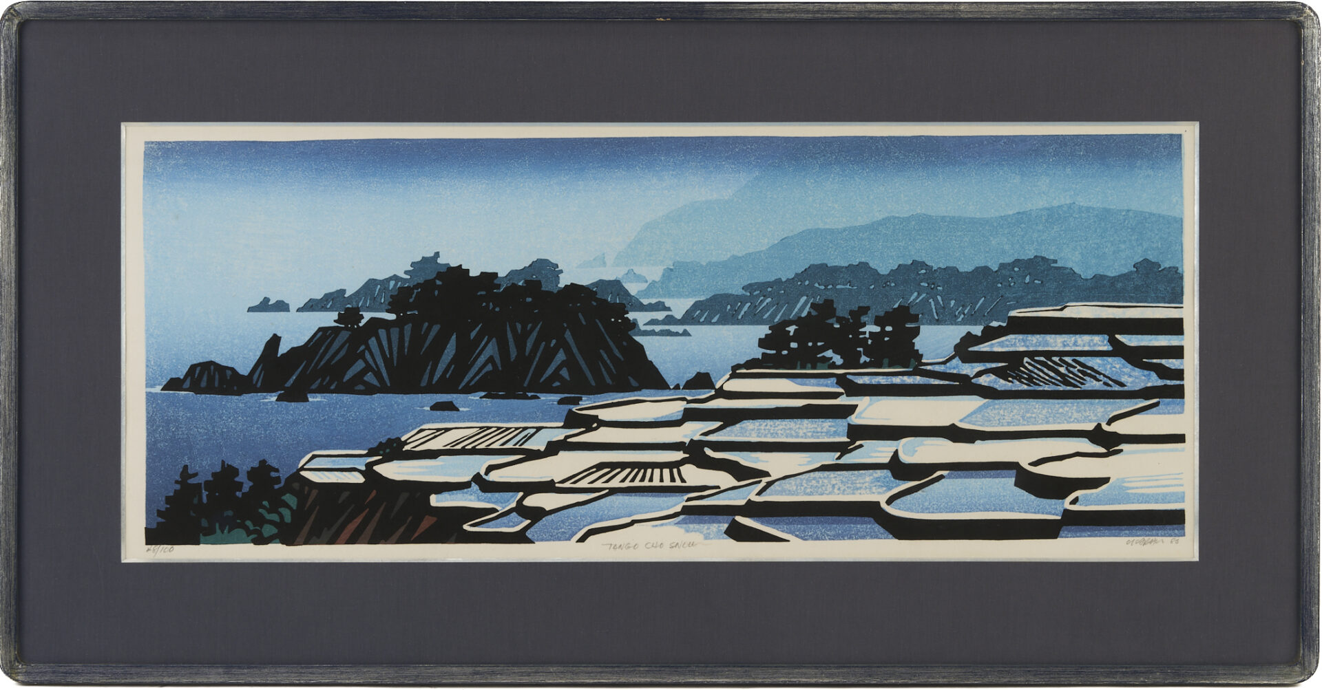 Lot 27: Clifton Karhu Woodblock Print, Tango Cho Snow (Sodeshi Rice Terraces)
