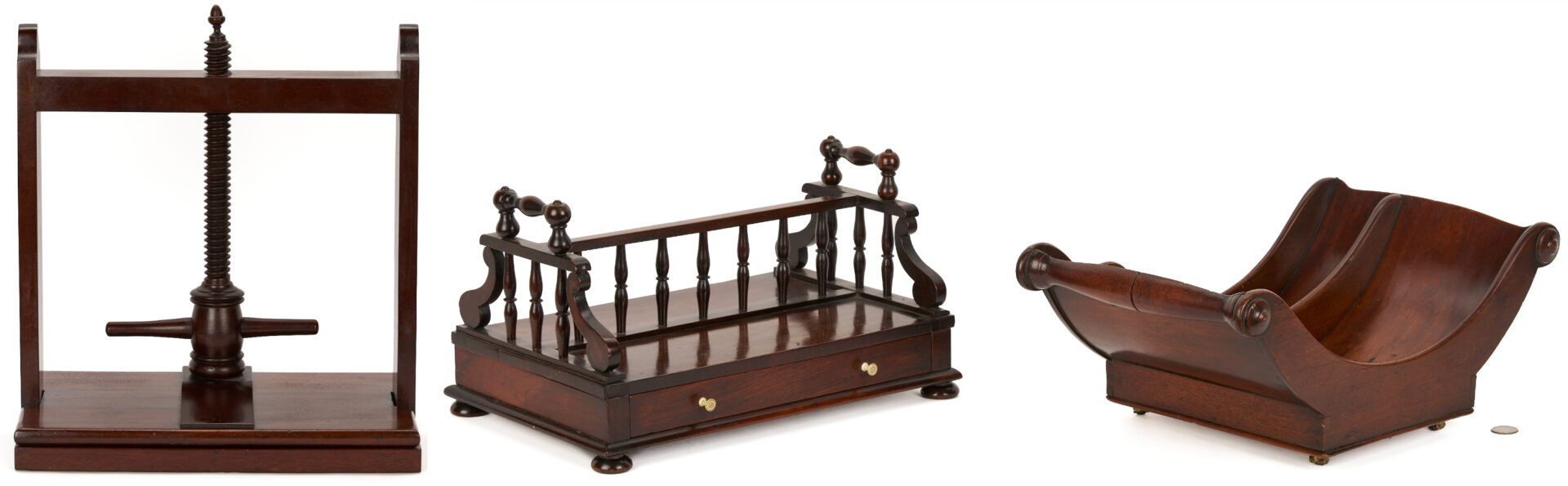 Lot 284: English Mahogany Book Press, Cheese Coaster, & Desk Caddy