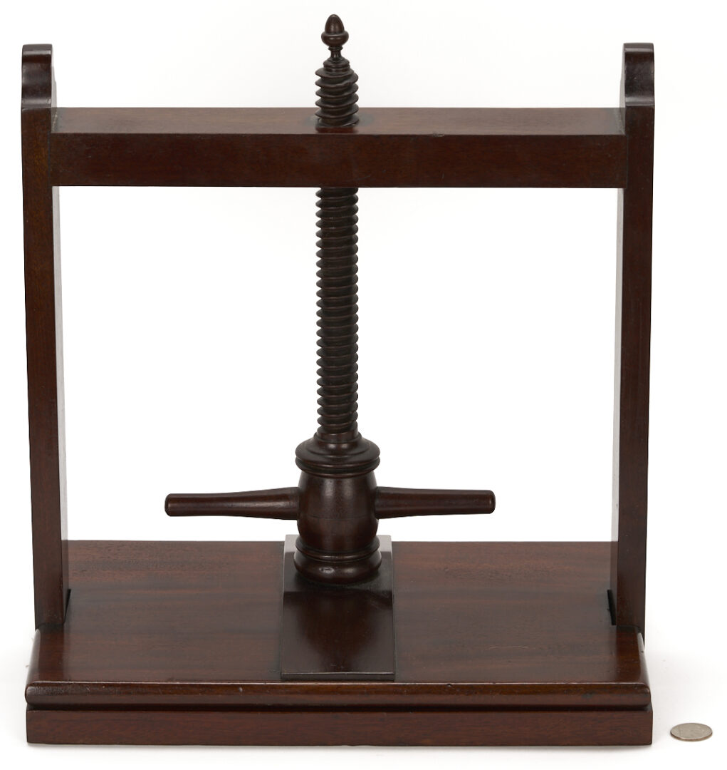 Lot 284: English Mahogany Book Press, Cheese Coaster, & Desk Caddy