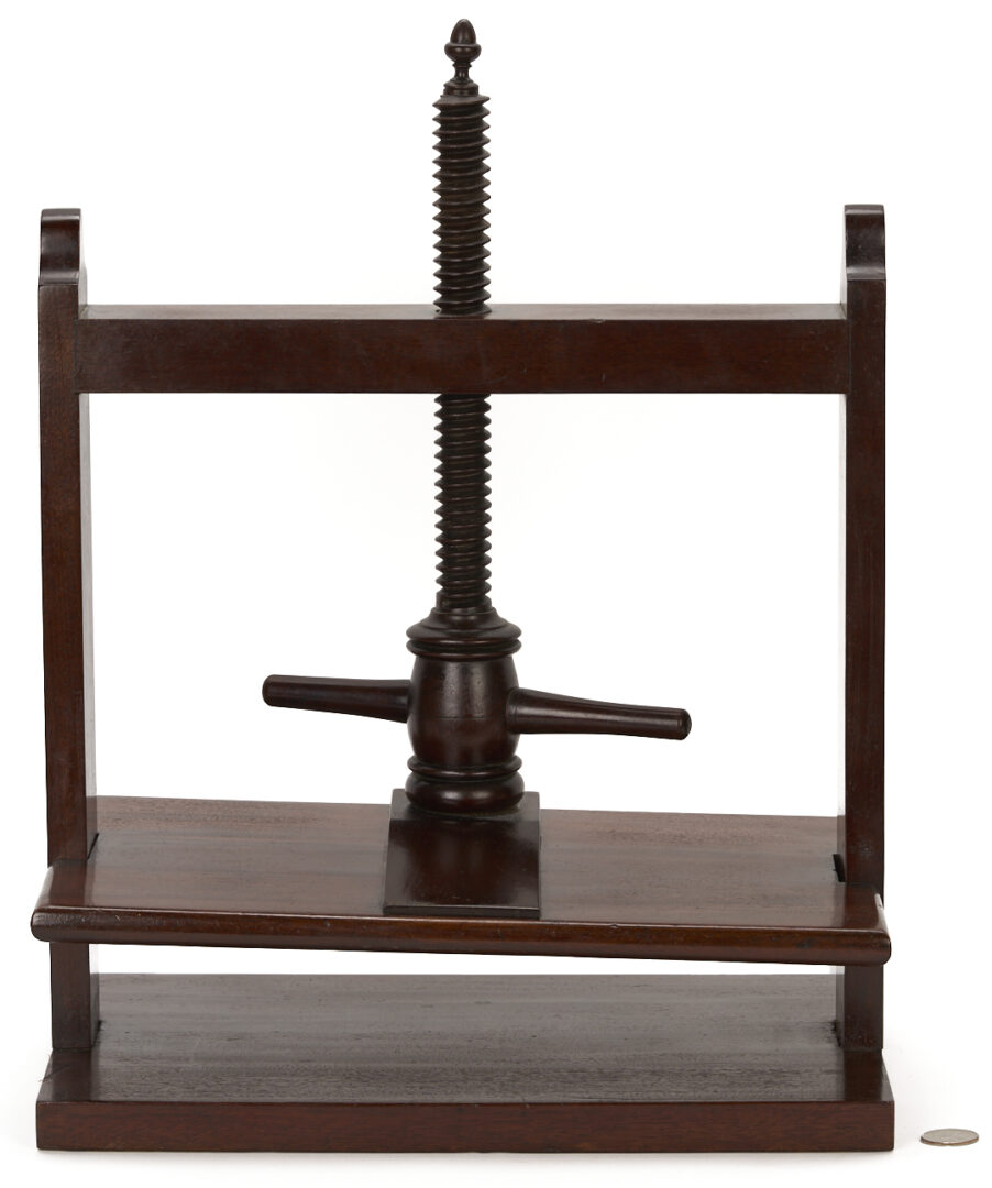 Lot 284: English Mahogany Book Press, Cheese Coaster, & Desk Caddy