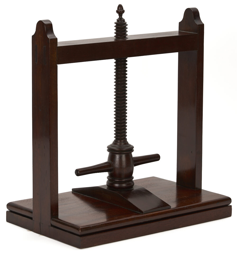 Lot 284: English Mahogany Book Press, Cheese Coaster, & Desk Caddy