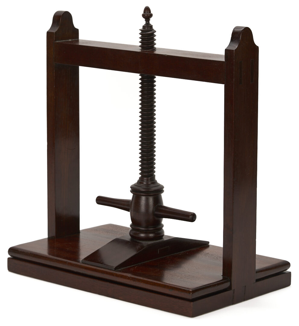 Lot 284: English Mahogany Book Press, Cheese Coaster, & Desk Caddy