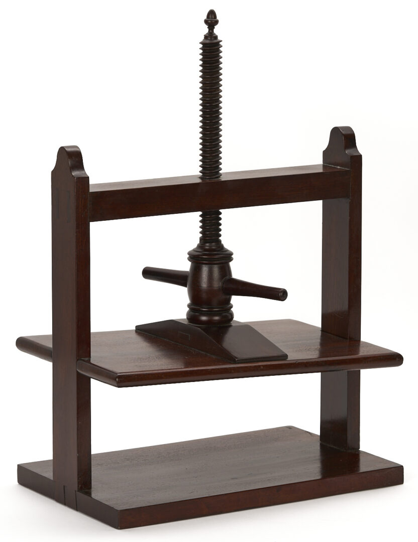 Lot 284: English Mahogany Book Press, Cheese Coaster, & Desk Caddy