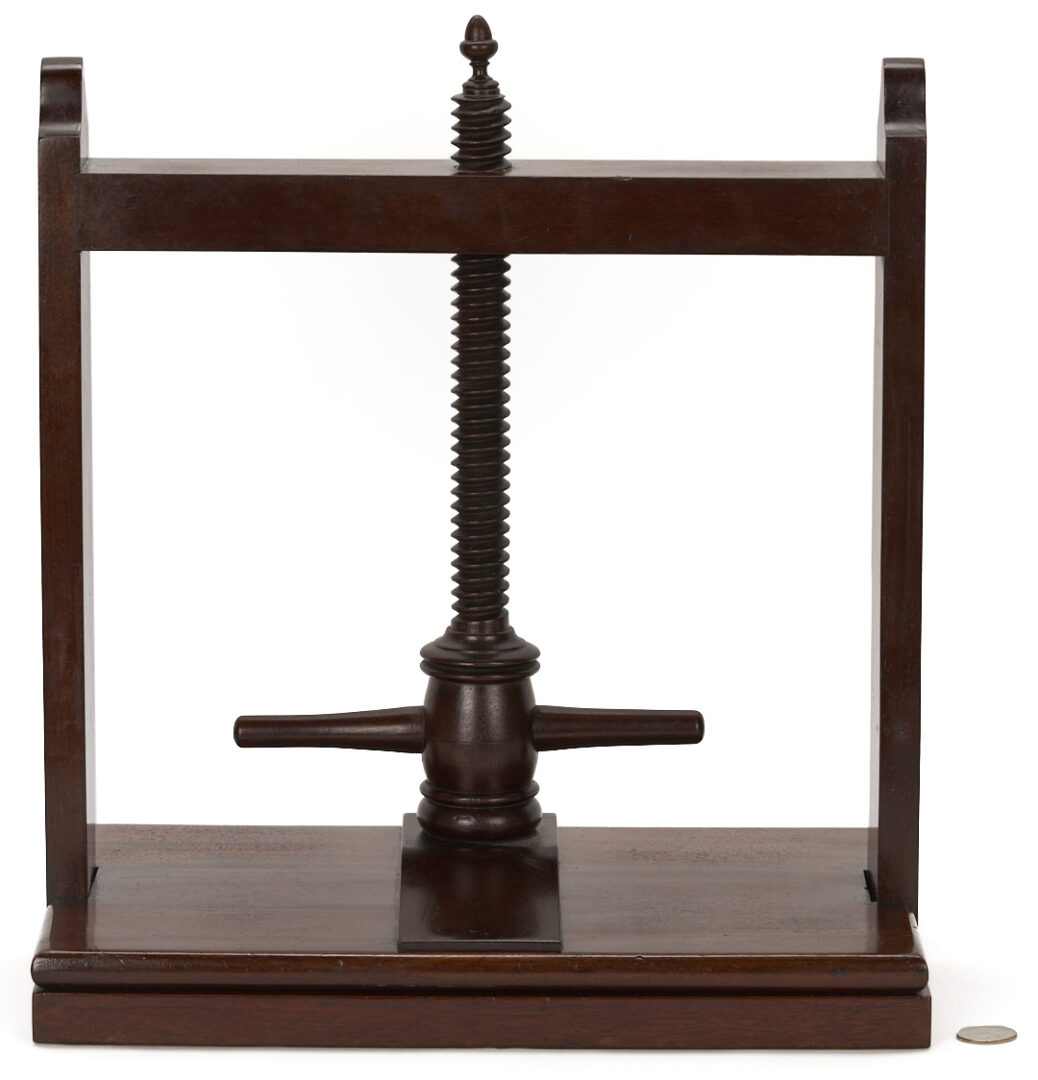 Lot 284: English Mahogany Book Press, Cheese Coaster, & Desk Caddy