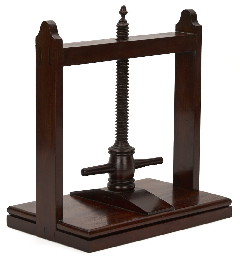 Lot 284: English Mahogany Book Press, Cheese Coaster, & Desk Caddy
