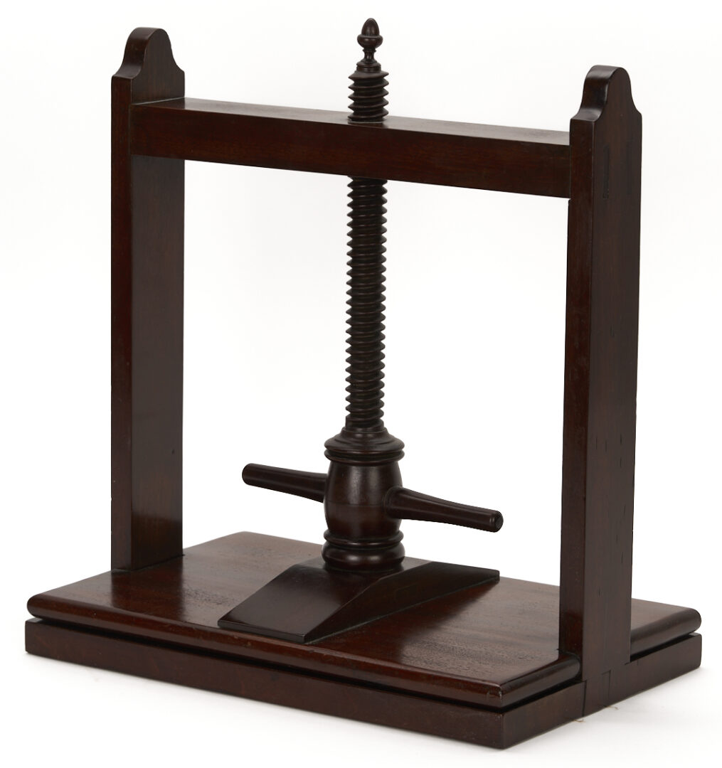 Lot 284: English Mahogany Book Press, Cheese Coaster, & Desk Caddy