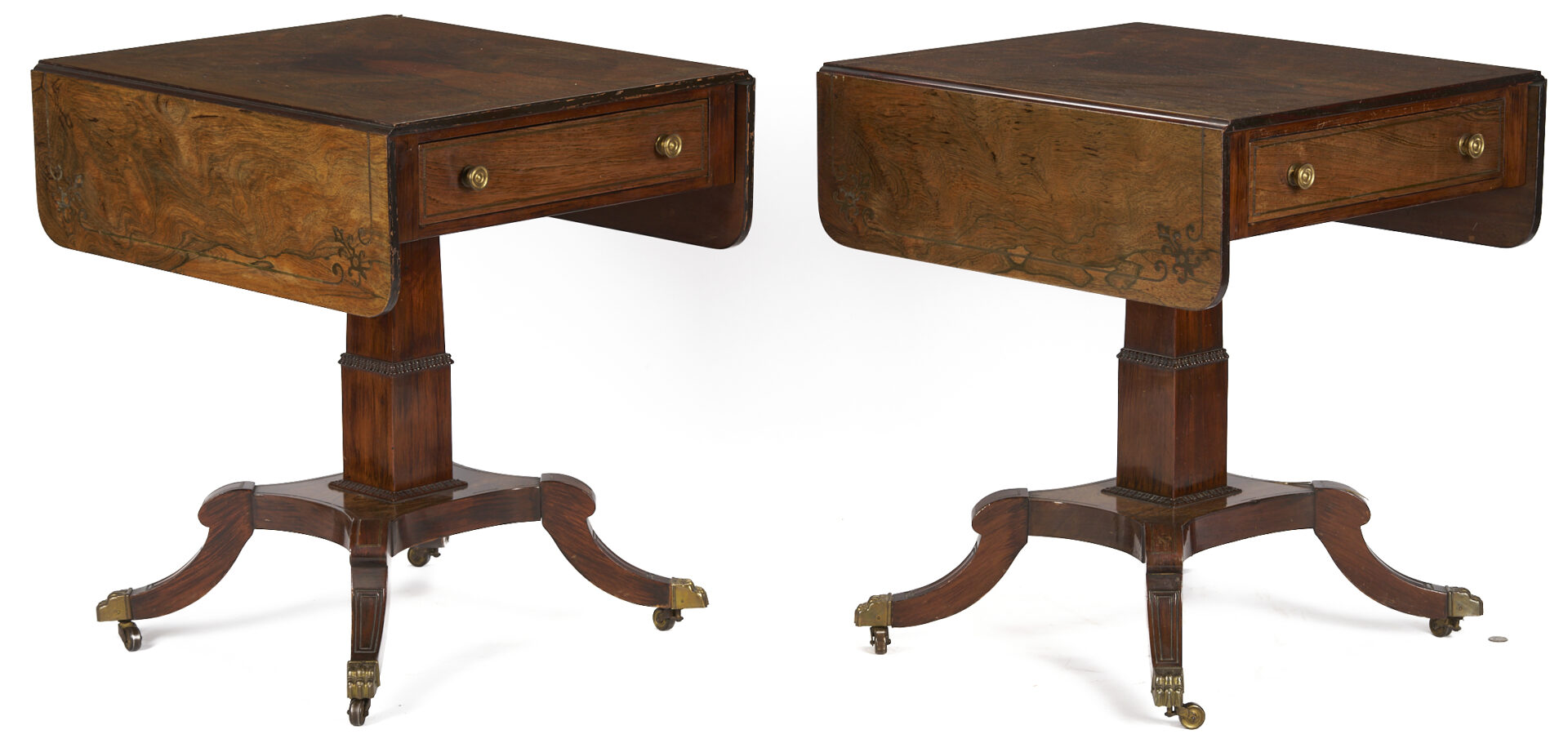 Lot 287: Pair Regency Style Rosewood Brass Inlaid Classical Tables