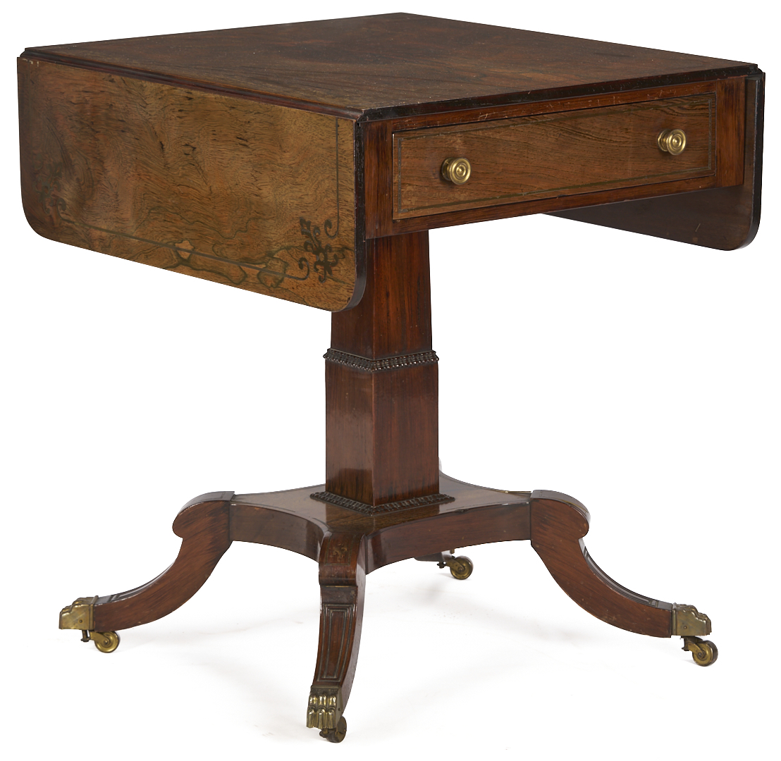 Lot 287: Pair Regency Style Rosewood Brass Inlaid Classical Tables