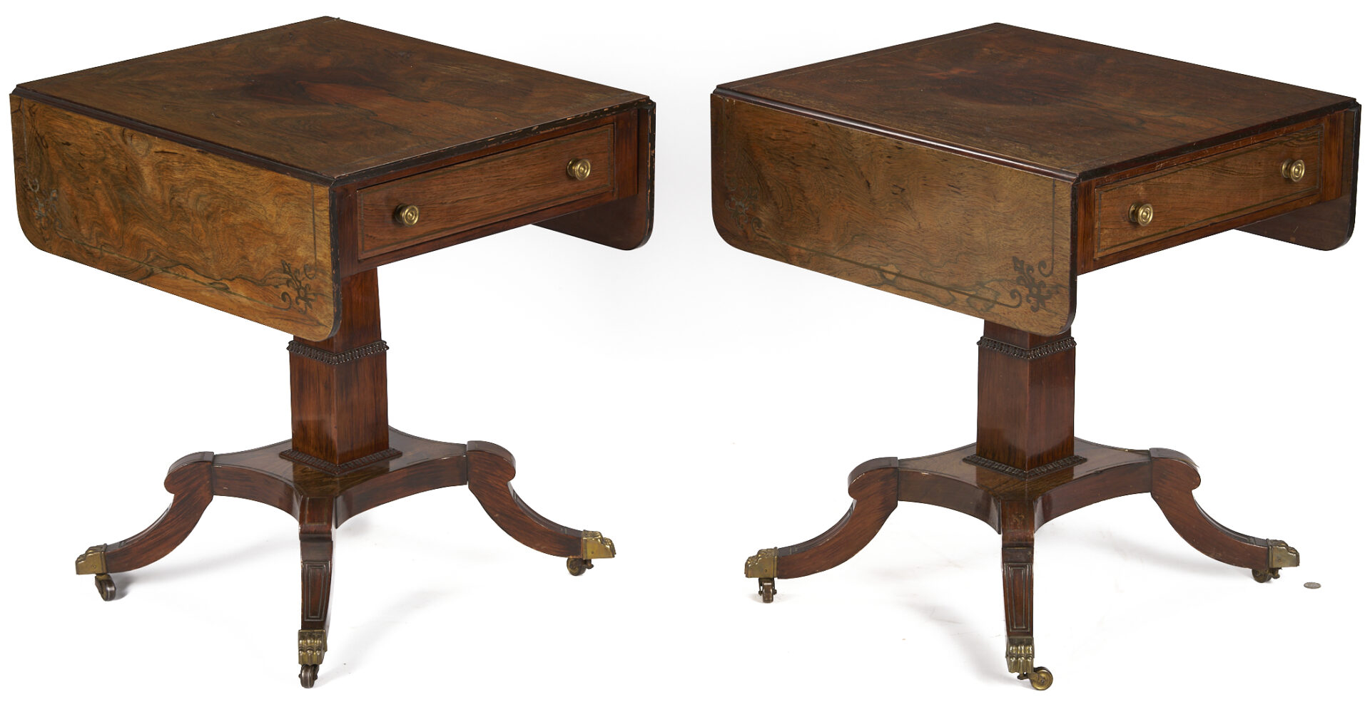 Lot 287: Pair Regency Style Rosewood Brass Inlaid Classical Tables