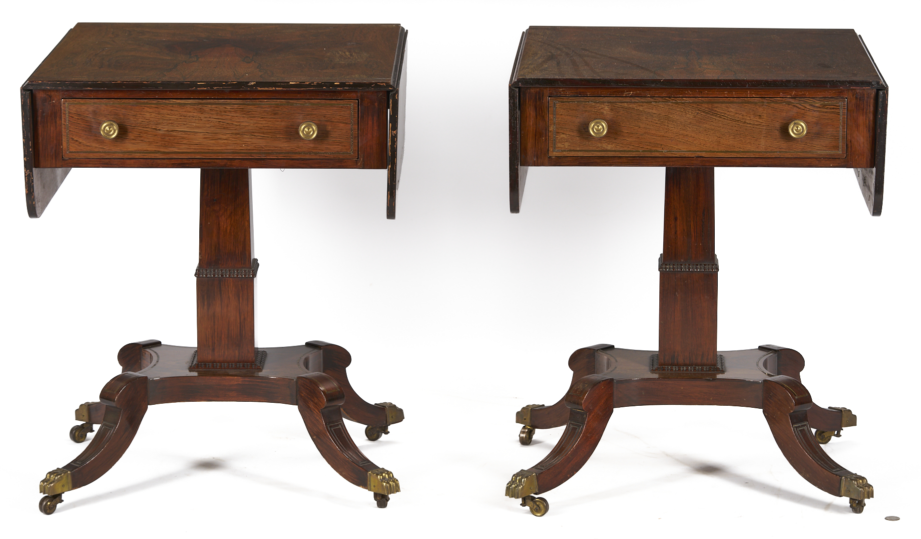 Lot 287: Pair Regency Style Rosewood Brass Inlaid Classical Tables