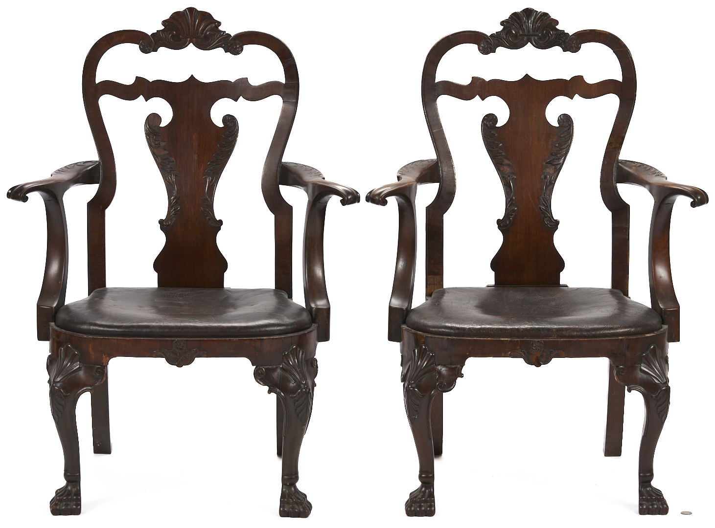 Lot 292: Pair Irish George I Carved Armchairs