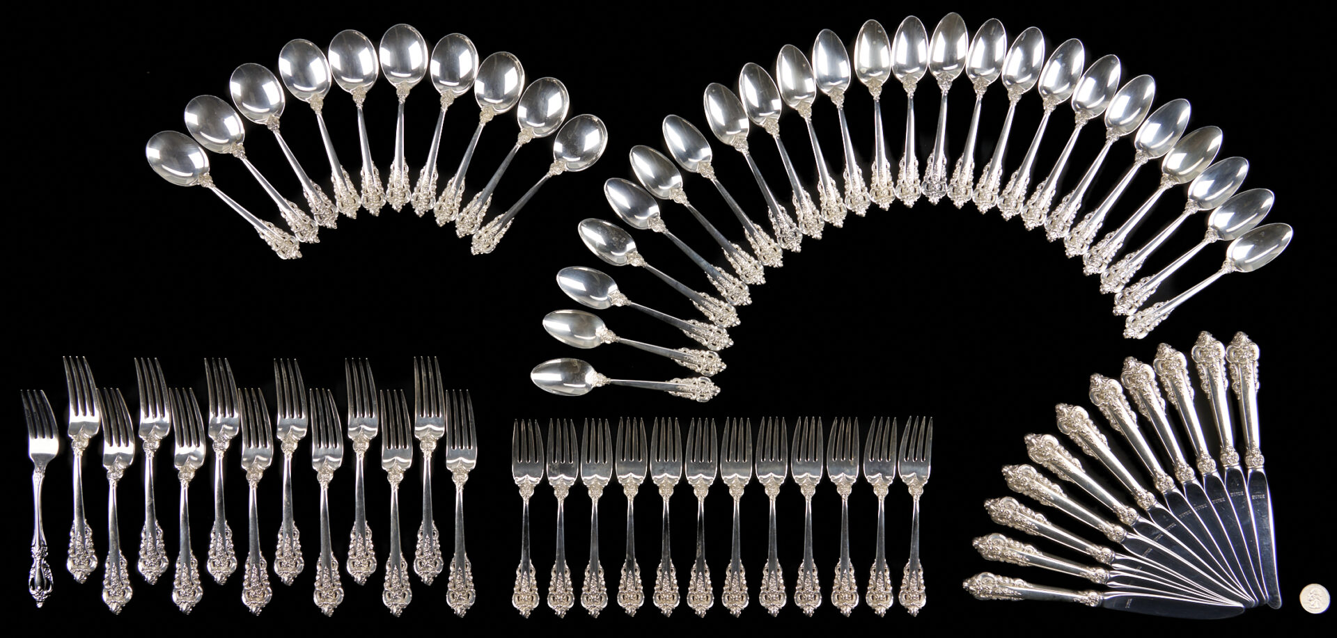 Lot 302: 69 Pcs. Wallace Grand Baroque Sterling Silver Flatware