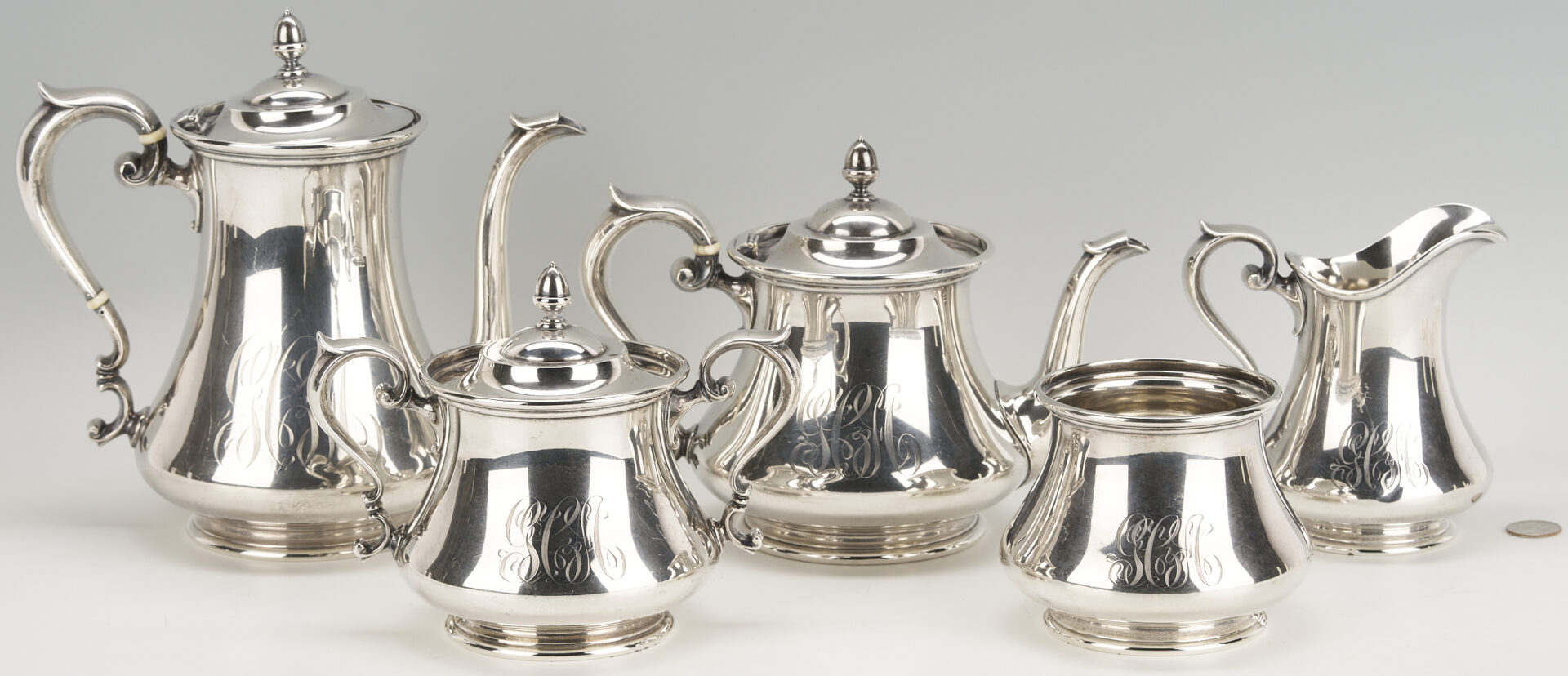 Lot 303: 5 Pc. Durgin Sterling Silver Tea Set