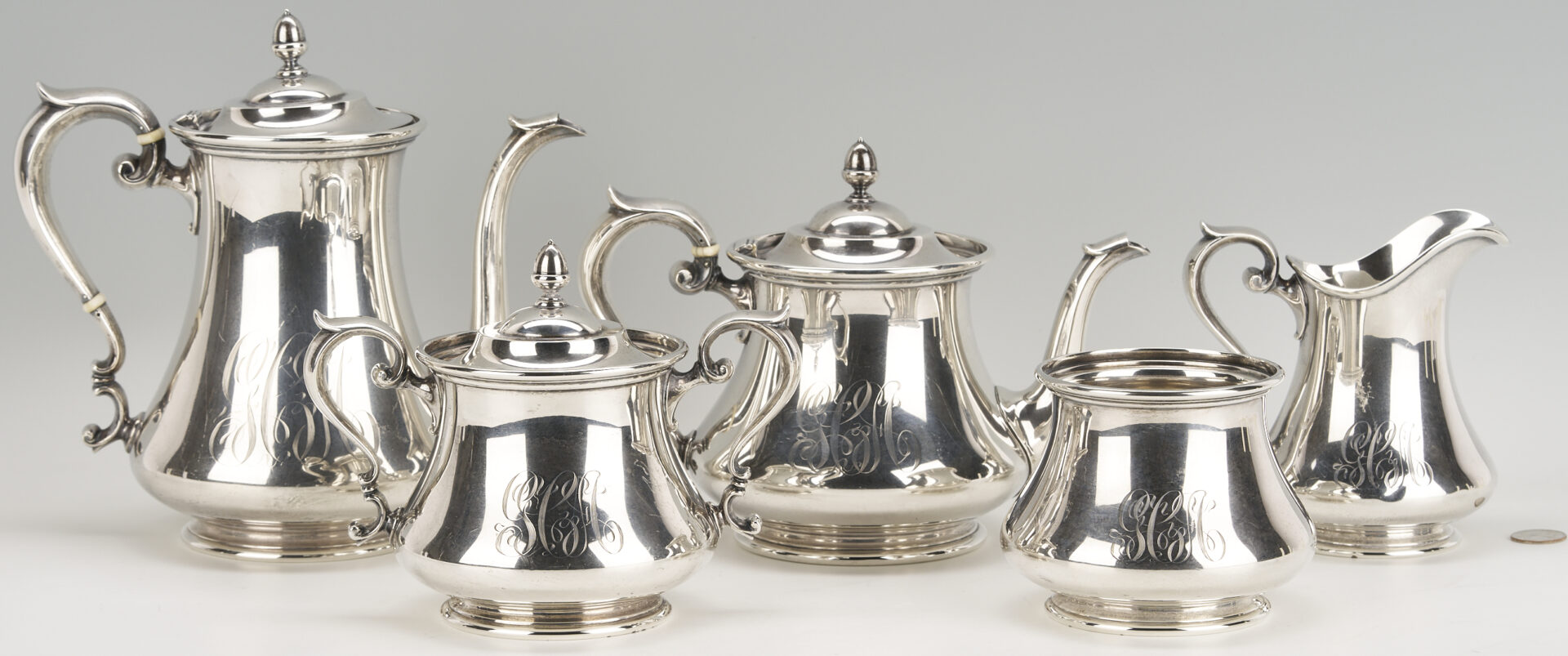 Lot 303: 5 Pc. Durgin Sterling Silver Tea Set